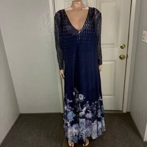 Komarov Women's Dress 2X Floral Satin Lace Crinkle Party Long Sleeve Q3-5